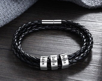 Bracelet pour papa personnalisé avec prénoms d'enfants : bracelet homme en cuir et perles gravées personnalisées, cadeau de fête des pères ou d'anniversaire pour papa, mari