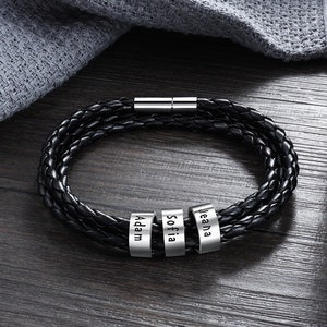 Pulsera personalizada para papá con los nombres de los niños: pulsera de cuero y cuentas para hombre grabada a medida, regalo para el día del padre o cumpleaños para papá o esposo