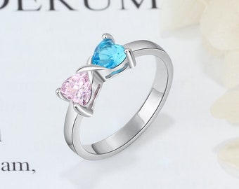 Engraved Couple Ring with 2 Names and Birthstones, Personalized Double Name Ring in Silver, Custom Heart Birthstone Ring with Inside Message