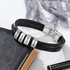 Pulsera de cuero para hombre: pulsera trenzada masculina negra y marrón para hombres, regalo para papá, novio, pulsera grabada para el día del padre, nombres de niños