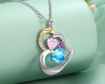 Heart Necklace For Mom: Birthstone Necklace For Mother, Custom Mothers Necklace 2 3 5 Stones, Unique Grandmother Jewelry With Birthstones