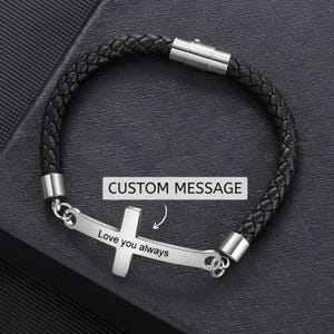 Custom Cross Bracelet for Men, Black Leather Bracelet, Religious Gift for Him, Bible Verse Cross Bracelet, Christian Jewelry for Men