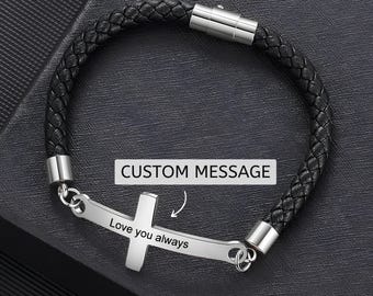 Engraved Cross Bracelet for Men, Black Stainless Steel Christian Bracelet, Personalized Religious Gift for Him