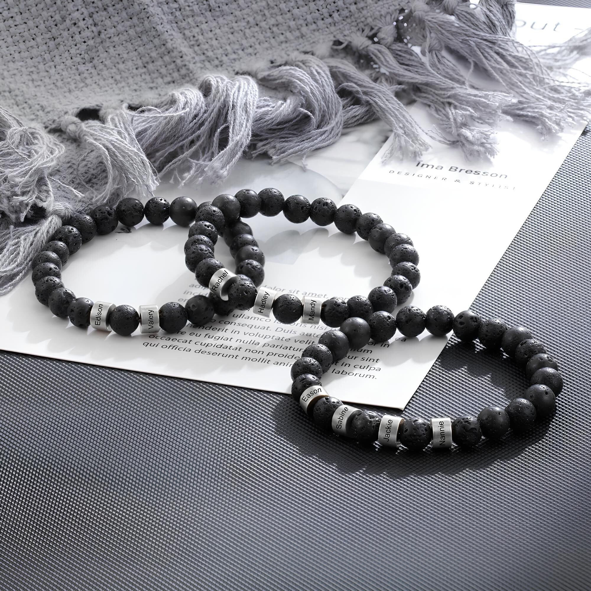 Black Bead Bracelet: Mens Onyx Bracelet, Black Agate Bracelet, Black & White Bracelet, Ball Bracelet, Lava Beads, with Custom 2 3 or 4 Names