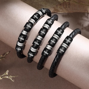 Pulsera de cuero personalizada para hombre: cuentas con nombre grabado, cadena de cuerda, regalo personalizado para papá, esposo, novio o hijo. Joyería con apellidos.