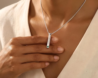 Personalized Bar Necklace with Birthstones, 4 Sides Engraved Vertical Pendant, Custom Gift for Mom