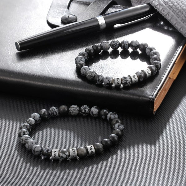 Bracelet en pierre de lave perlé personnalisé pour papa, mari avec nom d'enfant - Bracelet de famille - Bracelet pour homme noir et gris - Cadeau bijoux pour lui