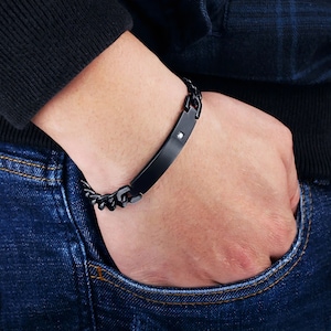 Mens Medical Bracelets, Mens Identity Bracelet, Black Id Bracelet Personalized, Curb Masculine Chain, Engraved Men Name Bracelet