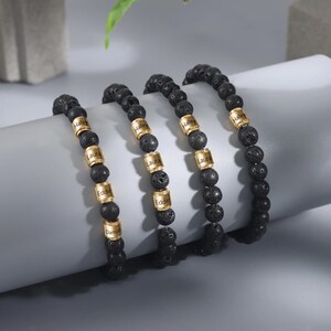 Pulsera negra para hombre: pulsera de cuentas personalizada para hombres, pulsera de piedra de lava personalizada, pulsera de cuentas de oro, pulsera de ónix, regalo para esposo