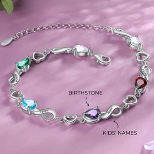 Mom Birthstone Bracelet – Personalized Name Bracelet with Charms, Custom Adjustable Silver Jewelry, Gift for Mom, Birthstone Gift Idea