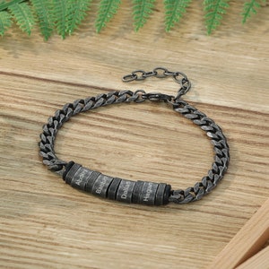 Pulsera Cubana: Pulsera Negra Personalizada para Hombre, Pulsera para Papá, Pulseras Grabadas para Hombre, Pulseras Personalizadas para Hombre, Pulseras con Dijes Personalizados