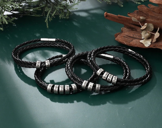 Personalized Men's Bracelet - Beaded Silver & Black Wrist Band - Ideal Gift for Husband, Dad, Boyfriend - Customized Men's Jewelry
