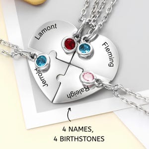Personalized Puzzle Heart Necklace, Custom Name & Birthstone Necklace for 3-4 Friends, Matching Friendship Jewelry for Sisters, Best Friends