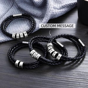 Pulsera grabada para hombre: pulsera personalizada para hombre, pulseras personalizadas para hombre, pulsera negra, pulsera de cuero para hombre, pulsera personalizada para papá