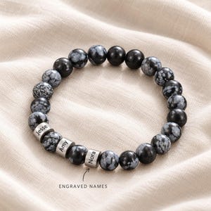 Dad Bracelet with Kids Names, Black and Grey Lava Stone Beads - Engraved Men's Family Jewelry