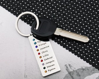 Llavero personalizado con piedra de nacimiento: etiqueta personalizada con 1 a 15 nombres y piedras de nacimiento grabados. Regalo familiar para mamá, papá o abuela.