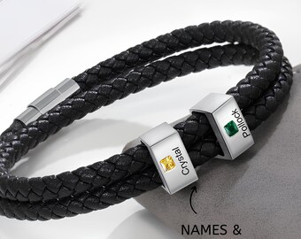 Custom Name Bracelet For Men - Black Leather Bracelet With Engraved Beads & Birthstones, Personalized Gift