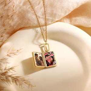 Custom Photo Locket Necklace, Rectangular Mother of Pearl Pendant with Engraving, Personalized Gift