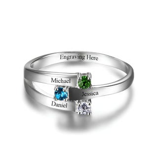 3 Birthstone Ring For Mom: Engraved Mom Birthstone Ring, Silver Mother Ring, Birthstone Jewelry For Mom, Mother Daughter Rings, Mothers Day