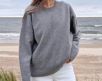 カシミア＆メリノウールのクルーネックプルオーバー｜心地よく、厚手で暖かいソフトウールセーター｜ニットカジュアルジャンパー｜ミニマリストベーシックナチュラルニットウェア