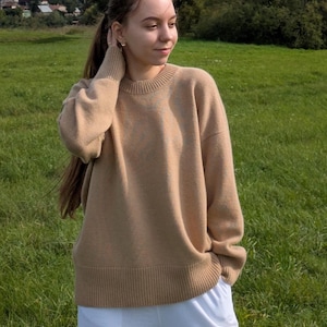 Pull à col rond en cachemire et laine mérinos | Pull basique chaud et dense camel | Pull doux en maille automne-hiver | Décontractée minimaliste naturel