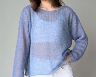 シースルーモヘアセーター：軽量シースルーニットセーター、レディースルーズ透明ジャンパー、ふわふわエアジャンパー、ミニマリストデリケートセーター