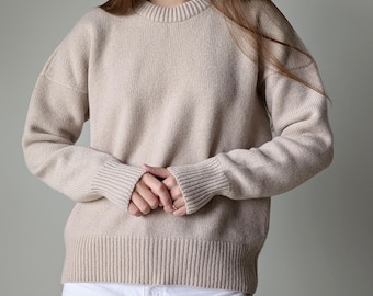 メリノカシミアクルーネックセーター：暖かいウールニットジャンパー