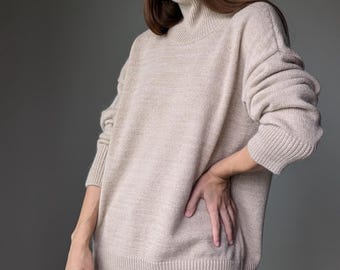 アルパカ、カシミア、メリノウールセーター - サターン | メランジ効果のあるサンドカラーの超暖かいベーシックセーター | カジュアルでリラックスした秋冬