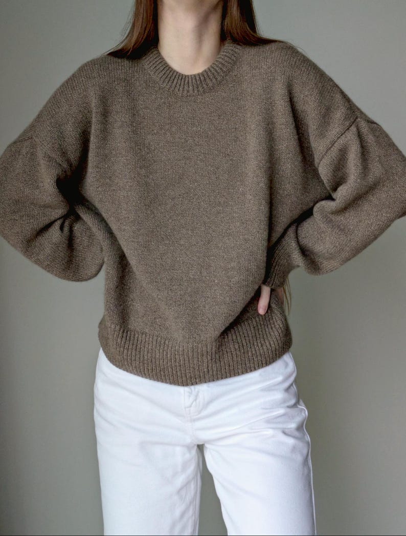 May include: A brown long-sleeve sweater with a crew neckline and ribbed cuffs and hem, paired with white pants. The sweater features a relaxed fit with dropped shoulders and a textured knit construction, providing a solid neutral tone throughout.