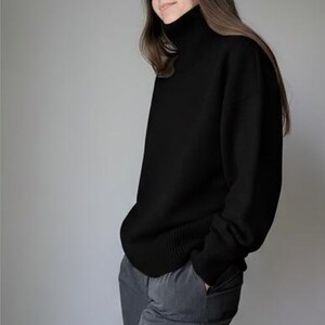 Jersey de cachemir y lana merino / Jersey de lana natural, denso, cálido y suave para mujer / Jersey básico de cuello alto / Jersey de cuello alto de punto informal para otoño-invierno Negro