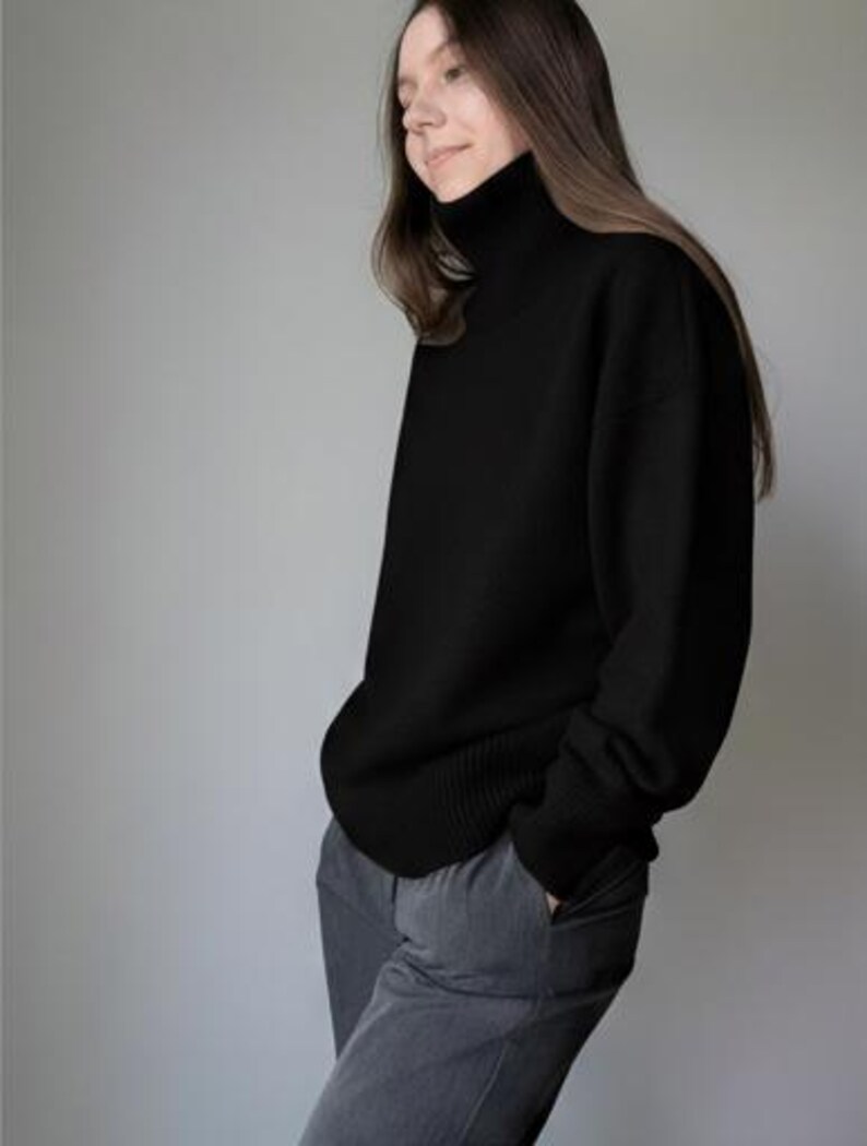 Jersey de cachemir y lana merino / Jersey de lana natural, denso, cálido y suave para mujer / Jersey básico de cuello alto / Jersey de cuello alto de punto informal para otoño-invierno Negro