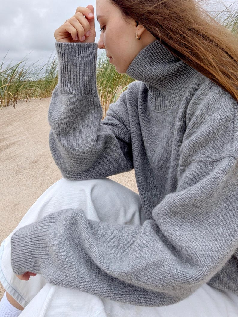 Jersey de cachemir y lana merino / Jersey de lana natural, denso, cálido y suave para mujer / Jersey básico de cuello alto / Jersey de cuello alto de punto informal para otoño-invierno Light grey