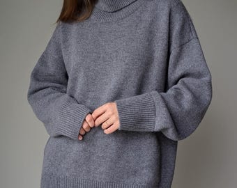 メリノウール＆カシミアタートルネックセーター｜ゆったりカジュアルグレーハイネックセーター秋冬レディースニットウェア｜暖かくソフトなダブルネックセーター
