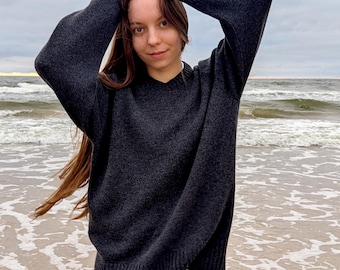 カシミアクルーネックセーター | レディース用暖かいメリノウールセーター | グレーの長袖セーター | カジュアルでソフトなウールプルオーバー | 秋冬ニットジャンパー