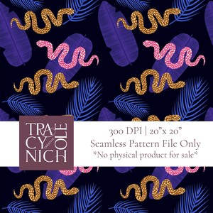 May include: A seamless pattern featuring gold and pink snakes with a speckled texture, set against a dark blue background with blue and purple palm leaves. The text "TRA CYO NICH" is in a white box with a purple background.