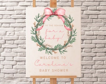 Pode incluir: Uma coroa de aquarela rosa e verde com um laço rosa e o texto "Tis the season for a baby!"  Bem-vindo ao Chá de Bebê da Caroline.