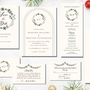May include: A set of six ivory wedding invitation cards with a green and red holly wreath design. The cards include a save the date, invitation, RSVP, and thank you card. The text on the cards reads "Save the Date", "Madison & Preston", "December 18, 2023", "Madison Beaudry & Preston Fitzgerald", "Lorna Alvarado & Pedro Fernandes", "Thank You", and "The happy couple gratefully accepts the RSVPs received".