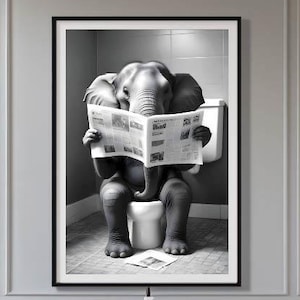 Olifant zittend op het toilet een krant lezende grappige muurkunstposter | Olifant badkamerkunst muurdecoratie | Dierenprint | Digitaal bestand