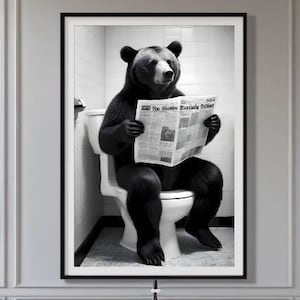 Bear on Toilet Wall Art Funny Poster | Bathroom Art | Bear Toilet Reading a Newspaper Wall Decor | Funny Animals Print | Digital file