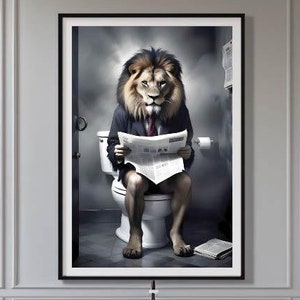Lion Sitting on the Toilet Reading a Newspaper Wall Art | Lion  Funny Poster Bathroom Art Wall | Animals poster Digital file