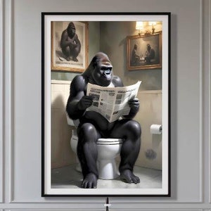 Gorilla on Toilet Wall Art Funny Poster | Bathroom Art | Gorilla Toilet Reading a Newspaper Wall Decor | Funny Animals Print | Digital file