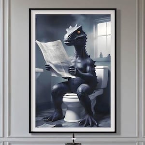 T-Rex zit op het toilet een krant te lezen Muurkunst | Dinosaurus grappige poster T-Rex badkamerkunst muurdecoratie | Dierenposter Digitaal bestand