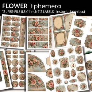 Shabby Chic Vintage Label Ephemera Tags | Vintage Tags Pink Roses Mixed Media Art | Shabby Chic Grunge Floral Paper Ephemera | Digital file