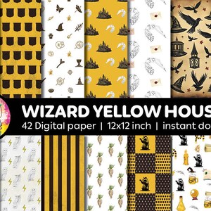 Papier numérique Magic School Wizard YELLOW House | Journal des ordures ménagères Scrapbooking | Motif de sorcière et de sorcier magique | Fichier numérique