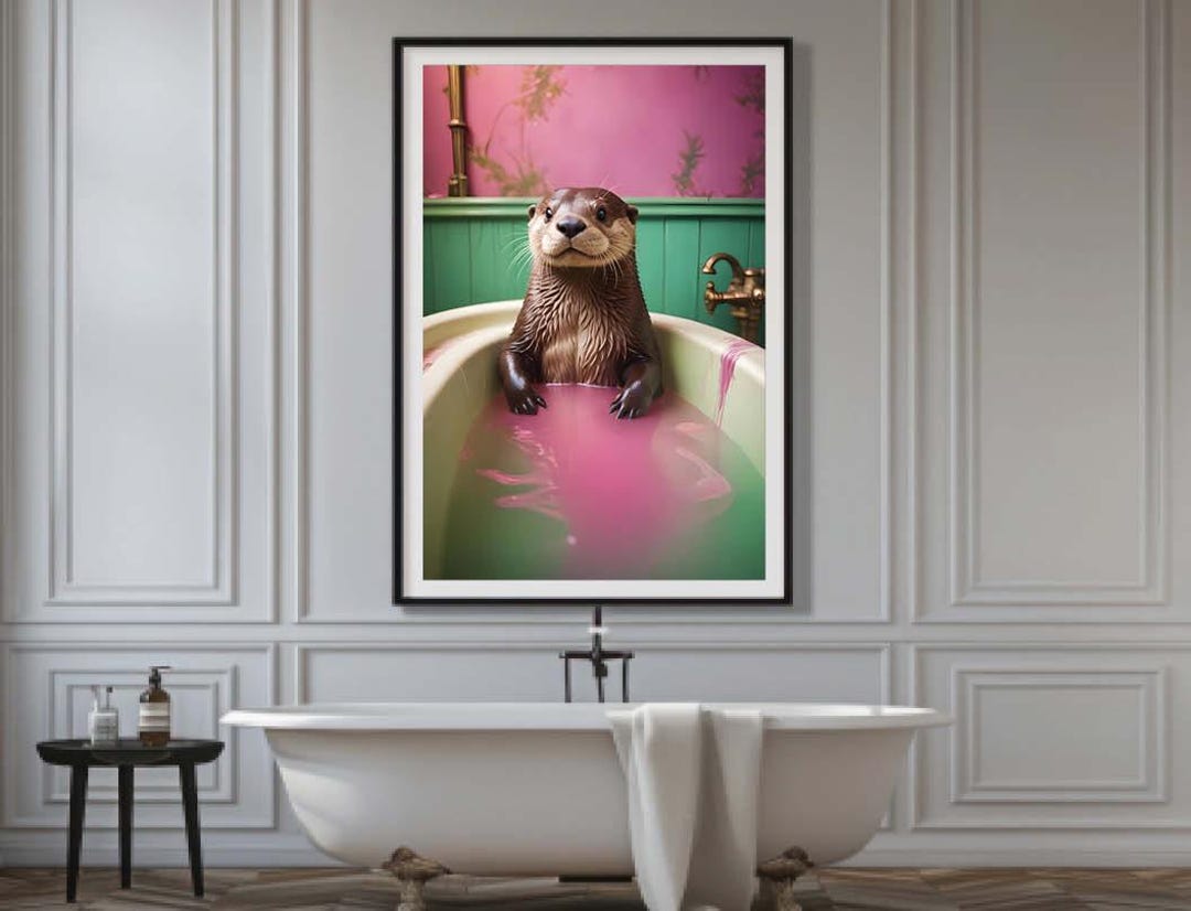 Otter in Bathtub Wall Art Funny Poster | Funny Art Bathroom Otter ...