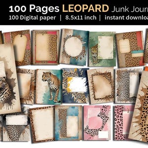 Diario basura de leopardo vintage / Scrapbooking Arte en técnica mixta / Piel de tigre y leopardo Papel de acuarela Efímera grunge vintage / Archivo digital n.° 1