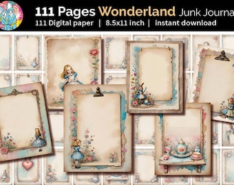 Vintage Alice In Wonderland Junk Journal | Scrapbooking, Mixed Media Art | Alice Adventures Watercolor Paper Grunge Ephemera | Digital file