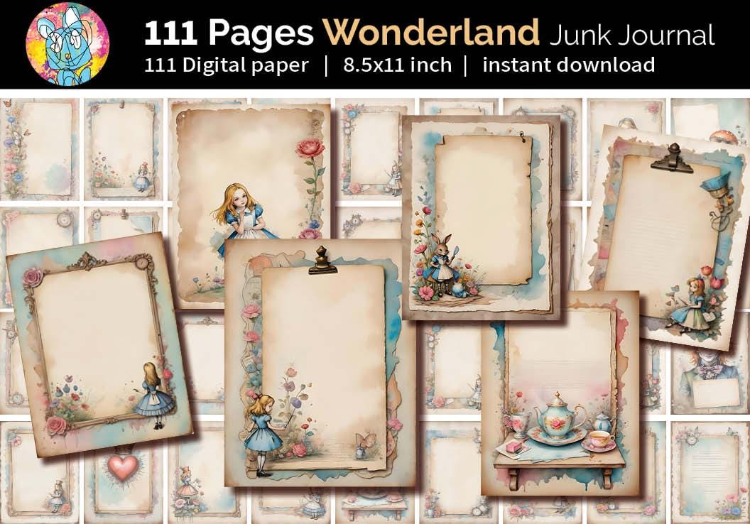 Vintage Alice In Wonderland Junk Journal | Scrapbooking, Mixed Media Art | Alice Adventures Watercolor Paper Grunge Ephemera | Digital file