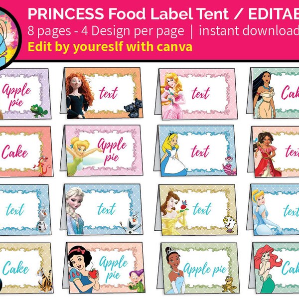 DIY Princess Food label Tent  printable Personalized with canva | Food Card Disney Frozen Cinderella Tiana Belle Tangled Ariel | Princesses