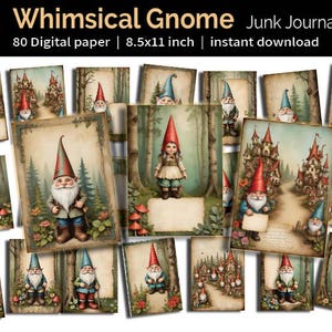 Grillig Gnome Village-junkdagboek | Gnome Poëzie Gemengde techniek | Sprookjescollagevel | Magisch bos kabouterbos | Digitaal bestand
